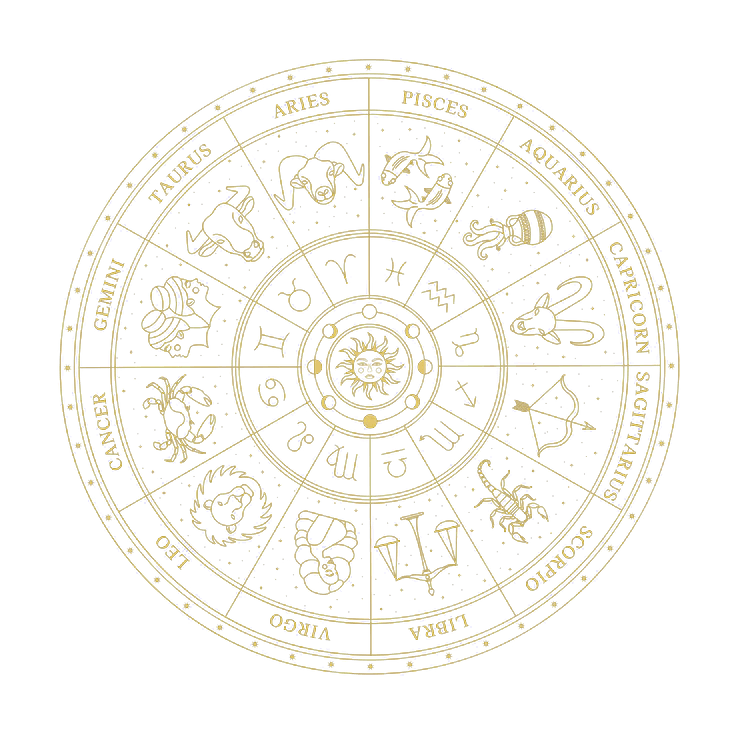 Gold line illustration of a zodiac wheel with signs and constellations